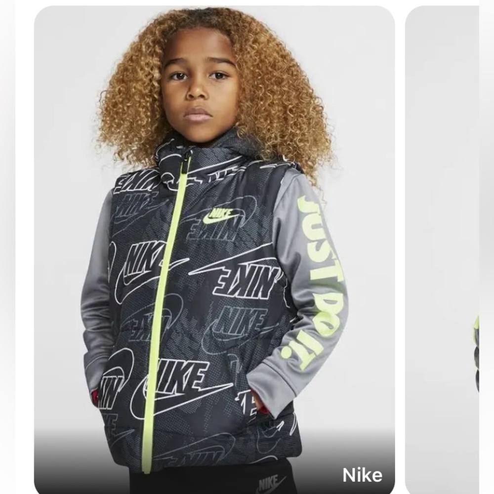 Nike Therma boys full zip puffer hoodie padded mock vest jacket black / volt M